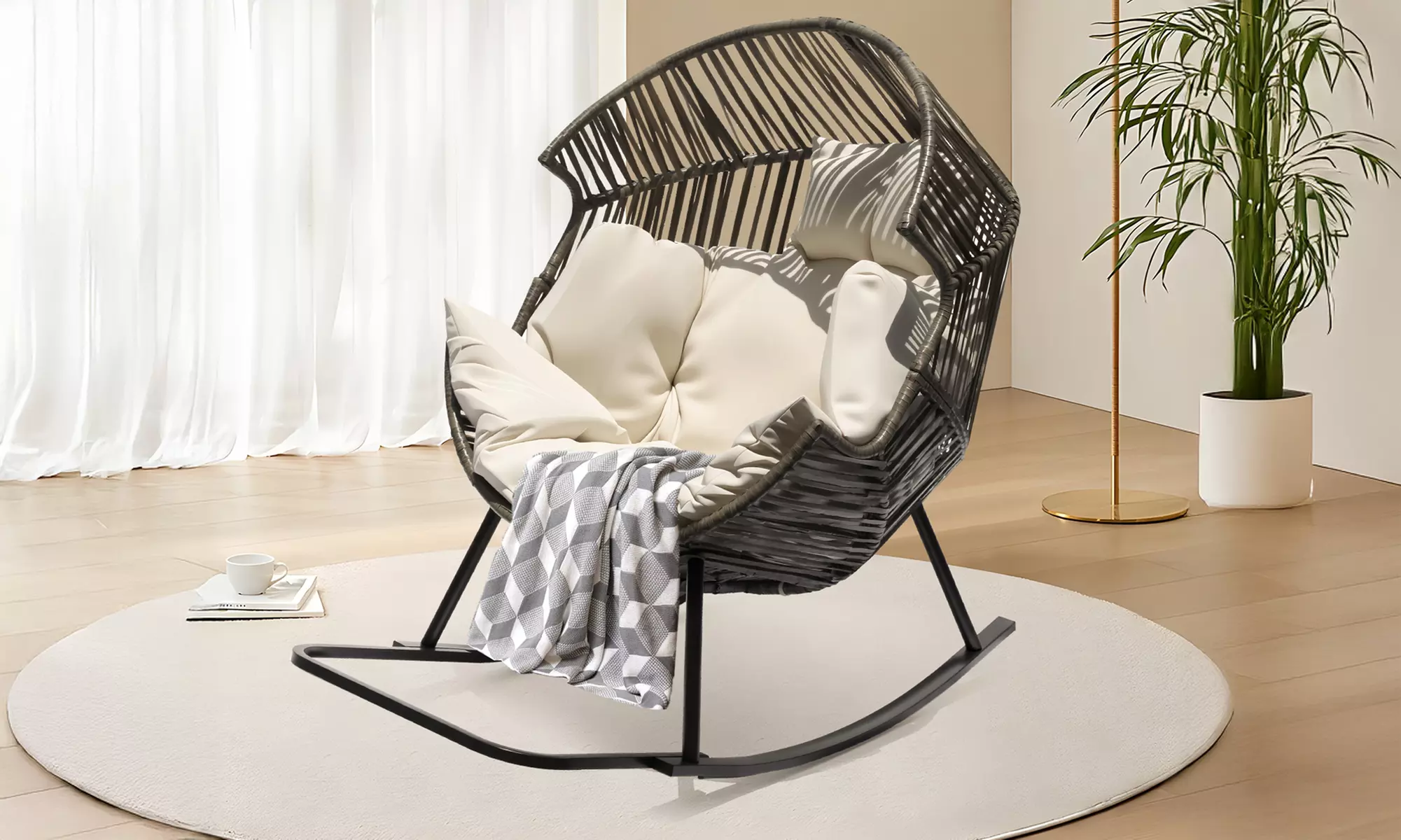 Silla mecedora con forma de huevo tejida en ratán PE, con sistema de cojines gruesos, con envío gratuito - Primary Image