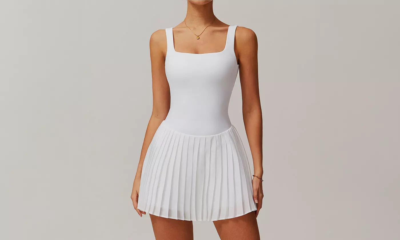 Women Tennis Dress with Built in Shorts and Bra Pleated Seamless Athletic Dress