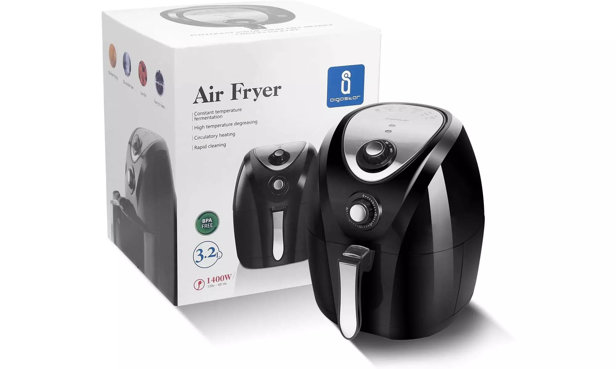 Aigostar Air Fryer, 3.4Qt / 3.2L Electric Hot Air Fryers (Black)- New