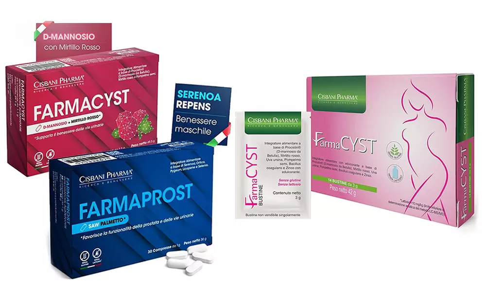 Integratori alimentari Farmacyst e Farmaprost di Cisbani Pharma, supporto delle vie urinarie e della prostata - Primary Image