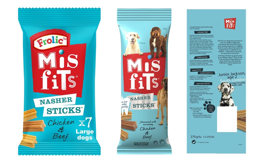 Image 1: 10-Pack of Misfits Nasher Sticks Dog Treats with Chicken and Beef