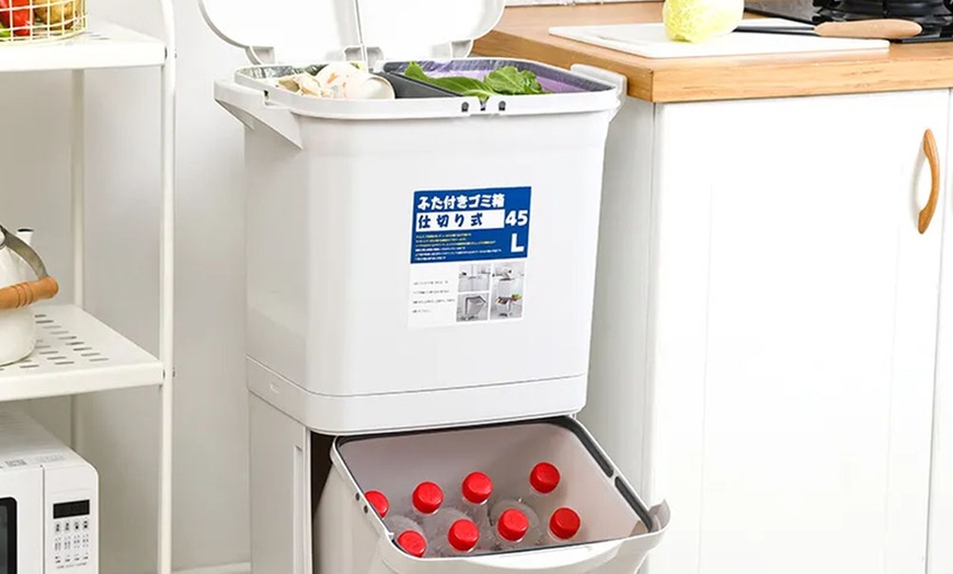 Image 6: Double-Layer Trash Can with Three Compartments and Wheels