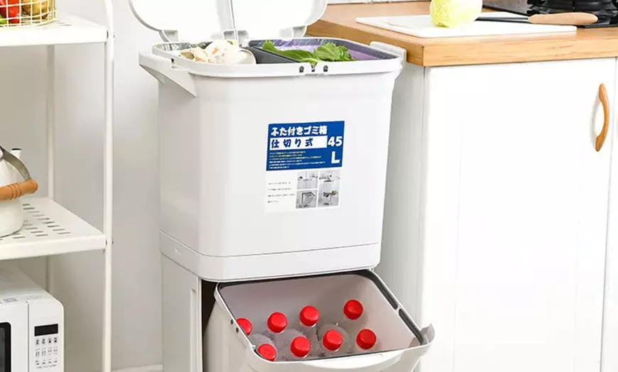 Image 6: Double-Layer Trash Can with Three Compartments and Wheels