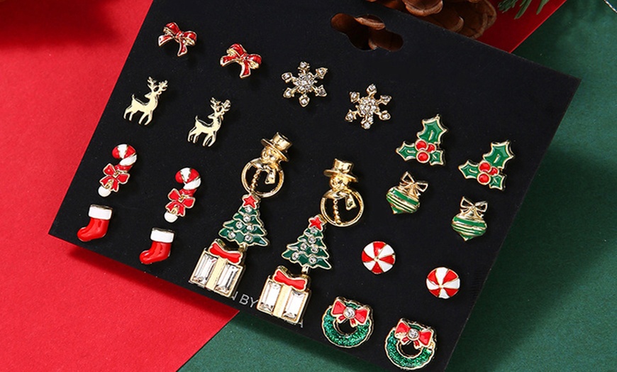 Image 1: 12 Pairs of Christmas-Themed Stud Earrings Set
