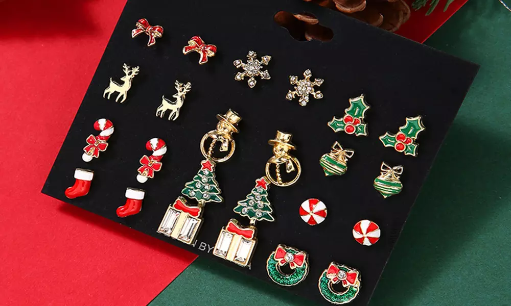 12 Pairs of Christmas-Themed Stud Earrings Set
