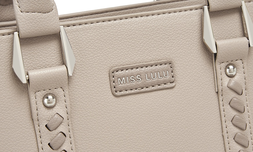 Image 17: Miss Lulu PU Leather Graceful Spacious Tote Bag with Woven Trim Strap