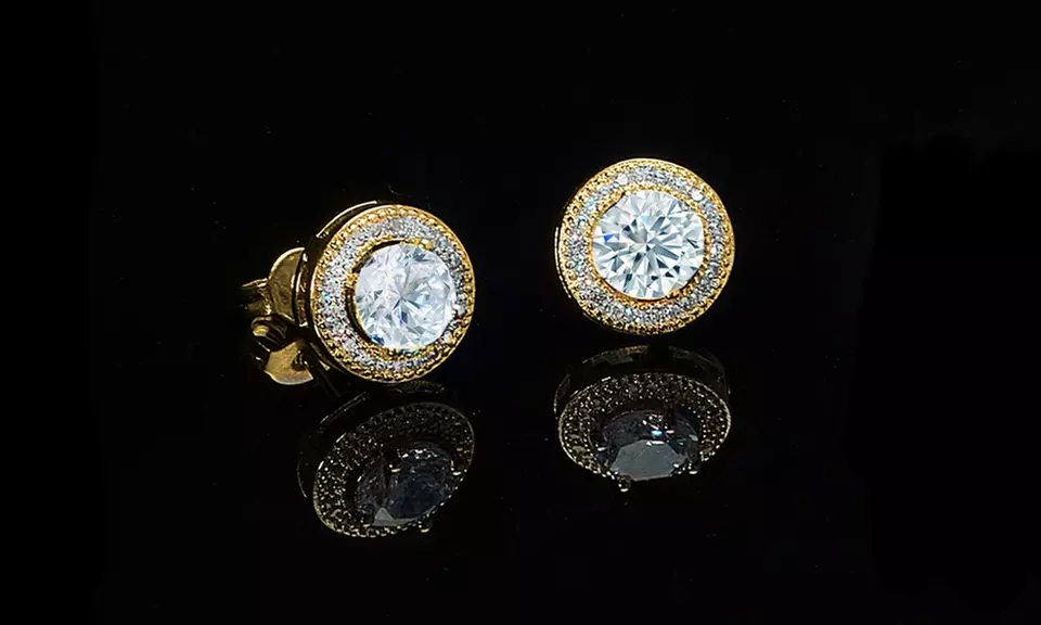 Round Cut Halo Stud Earrings in 14K Gold Plating Made with Cubic Zirconia Stones