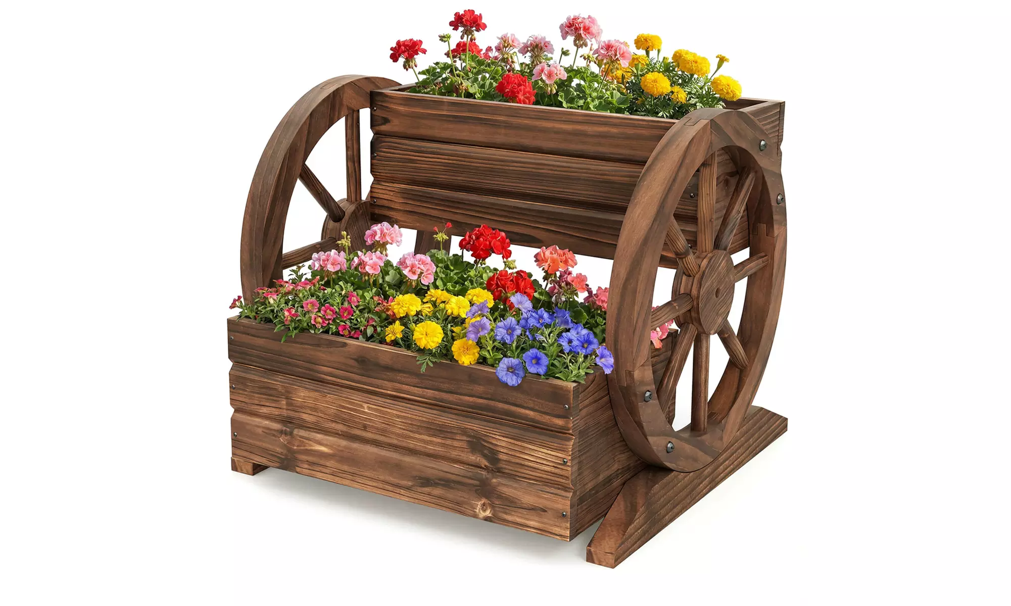 Costway 2-Tier Rustic Wooden Wagon Planter Box with Drainage Holes