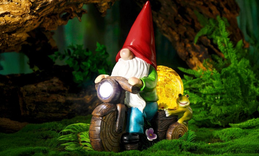 Image 1: Resin Garden Gnome - Dwarf Riding Bicycle Outdoor Decor