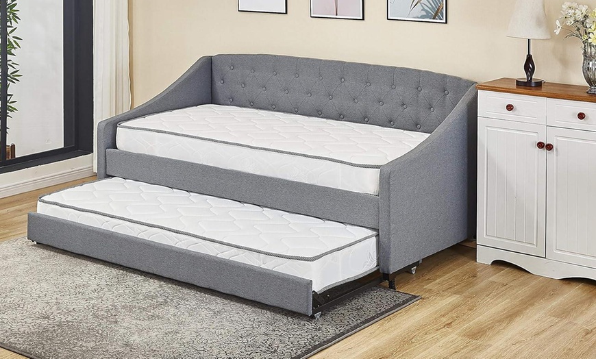 Image 1: 3ft Single Trundle Daybed with Tufted Fabric Finish in Grey
