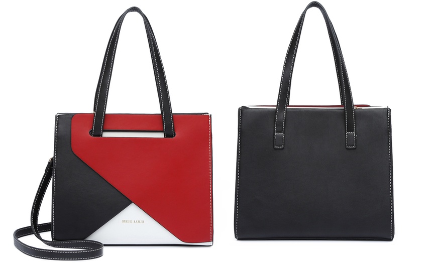 Image 12: Women PU Leather Classy Contrast Panel Shoulder Bag