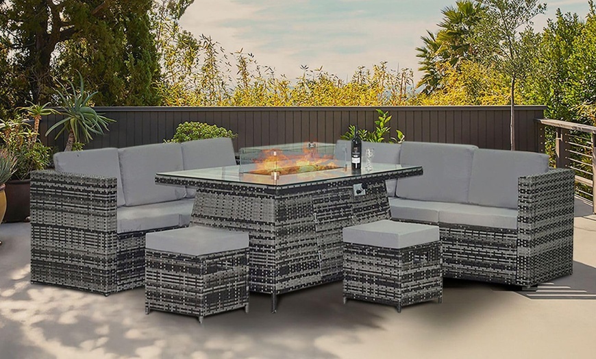 Image 2: Eight Seater Garden Rattan Fire Pit Table Set