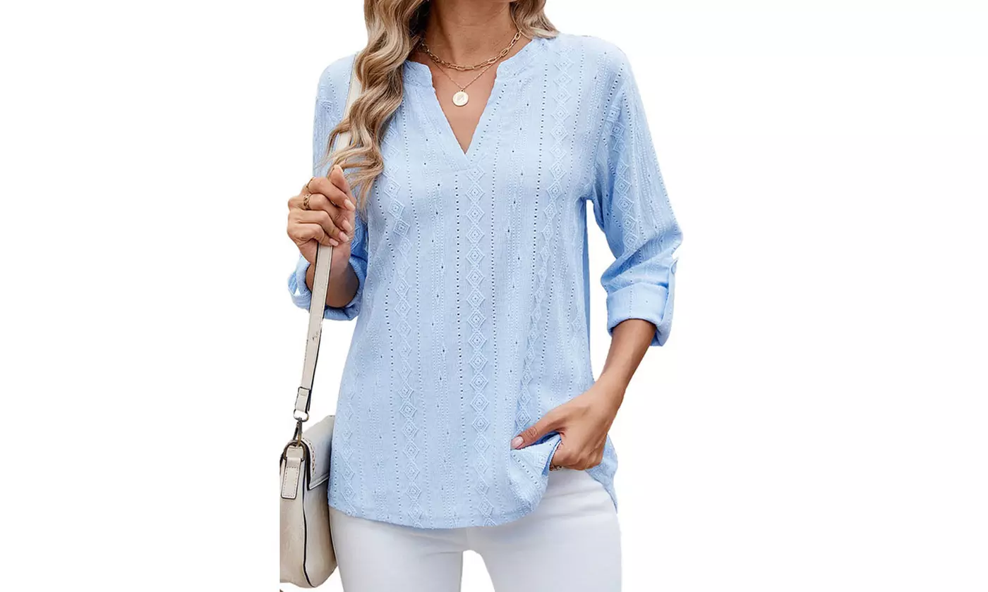 Women Dressy V Neck Ruffle 3/4 Sleeve Trendy Eyelet Blouses Loose Fit Tunic