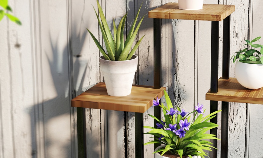Image 3: Outsunny 5-Tier Corner Plant Stand with Wooden Shelves and Steel Frame