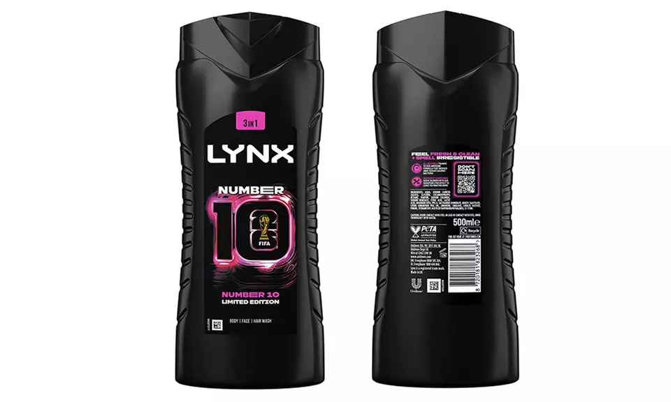 Six Packs of Lynx FIFA No10 3in1 Body Wash Shower Gel
