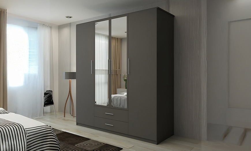 Image 4: Lucca Modern 4 Door Hinged Wardrobe with Mirror and Drawers