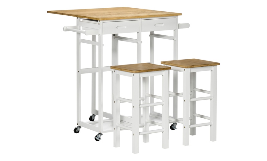 Image 2: HOMCOM Bamboo Breakfast Cart with Drop Leaf Table and Two Stools 