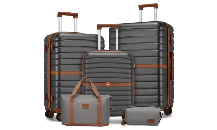 Image 2: Set de viaje gris y marrón con maleta rígida, bolsa de mano y neceser