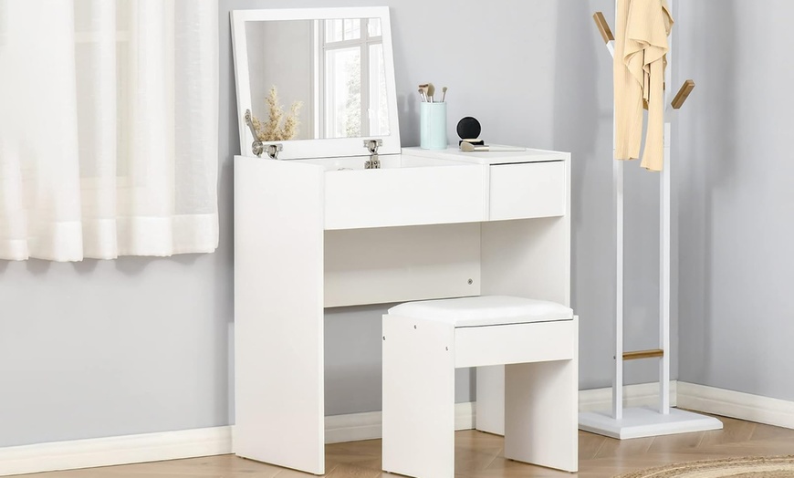 Image 1: HomCom Flip-Up Dressing Table with Stool