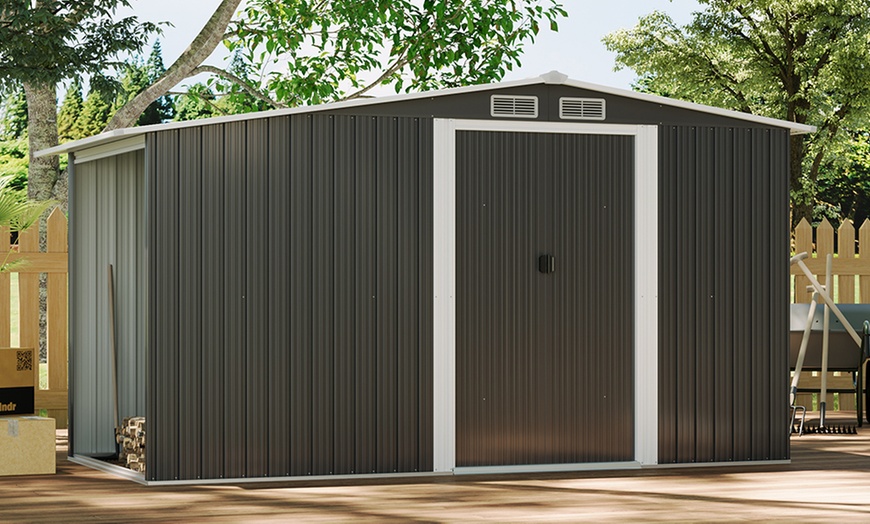 Image 1: Outdoor Black Garden Metal Storage Shed with Log Storage