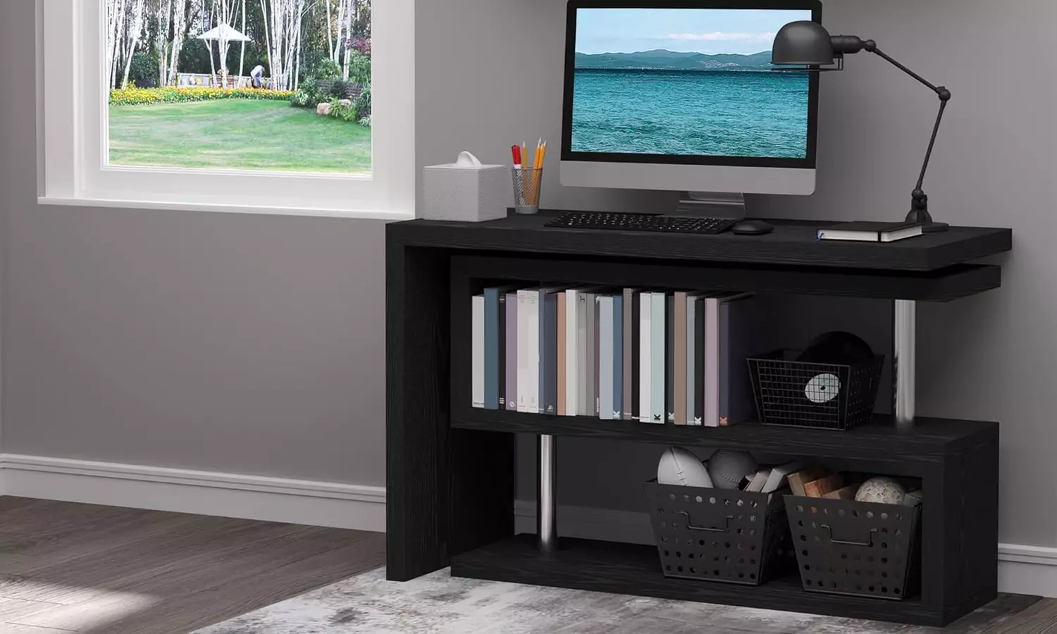 Homcom L-Shaped Desk with 360° Rotating Storage Shelves