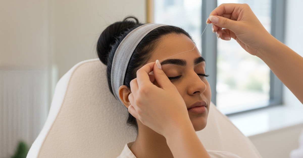Sesión de depilación de cejas con hilo en Madrid