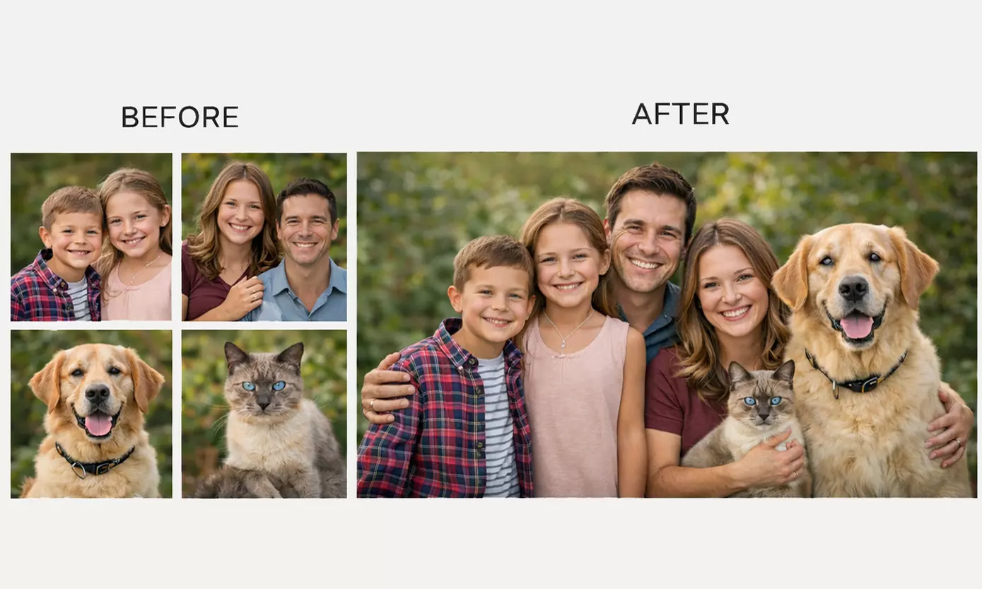 Create One Image: Custom Digital Family Photo Merge– Add People /Pets