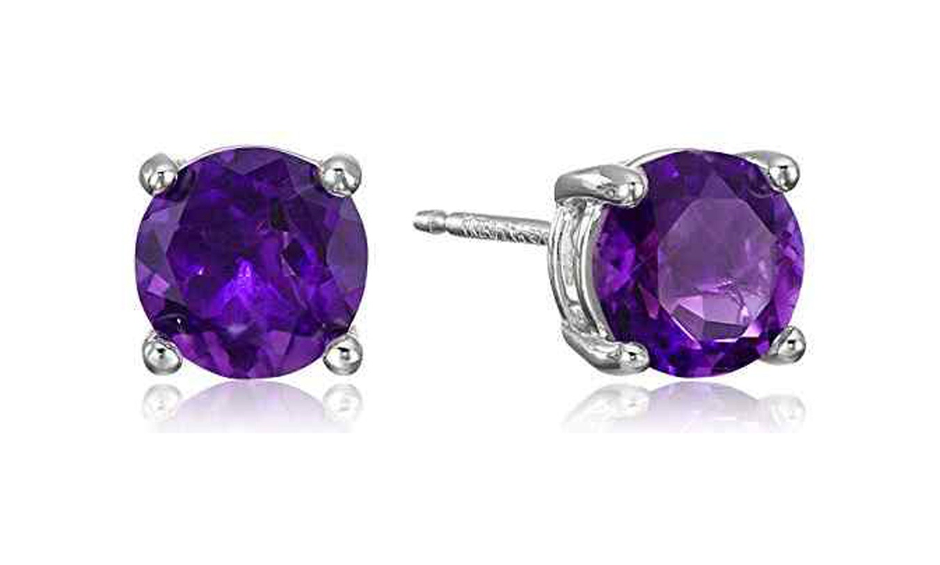 14k White Gold Plated 4mm Round Amethyst Stud Earrings