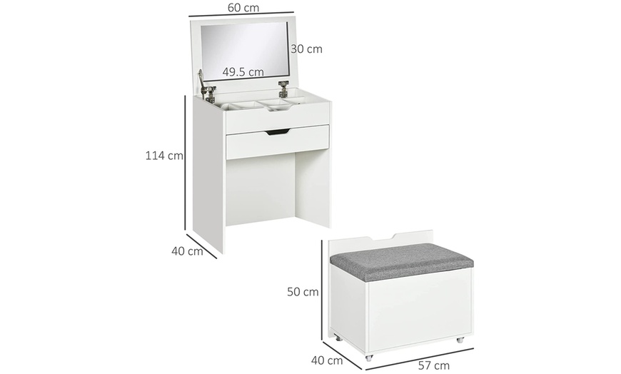 Image 6: HomCom Dressing Table with Flip-Up Mirror and Storage Stool