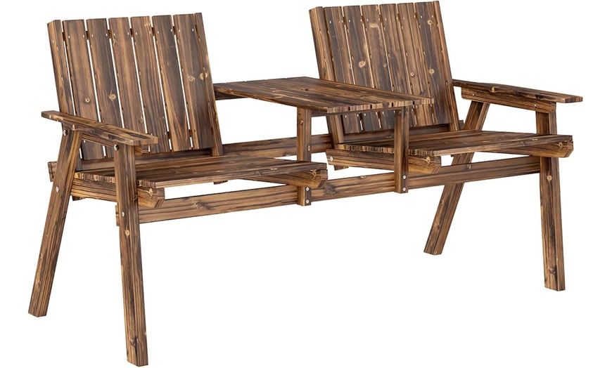 Image 10: Outsunny 2-Seater Wooden Bench with Centre Table