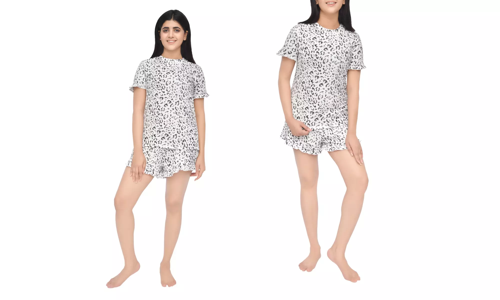 Casual Grey Leopard Print Frill Short Sleeve Tee