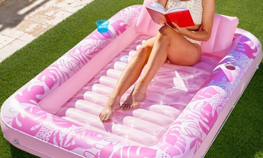 Image 6: Inflatable Tanning Pool Lounger Float with Pillow and Cup Holder
