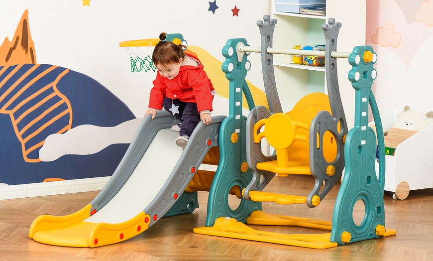 Image 1: HomCom Kids Swing and Slide Set with Basketball Hoop Slide