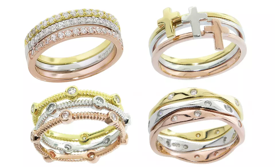 Tri-Color 3-Piece Stackable Sterling Silver Rings. Multiple Designs Available. Free Returns. - Primary Image