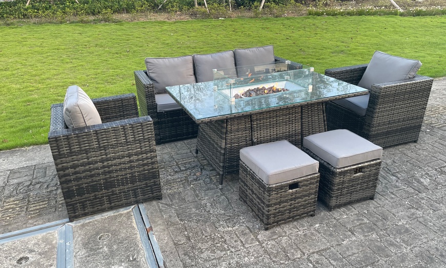 Image 3: 7-Seater Rattan Effect Garden Lounge Set with Gas Fire Pit Table