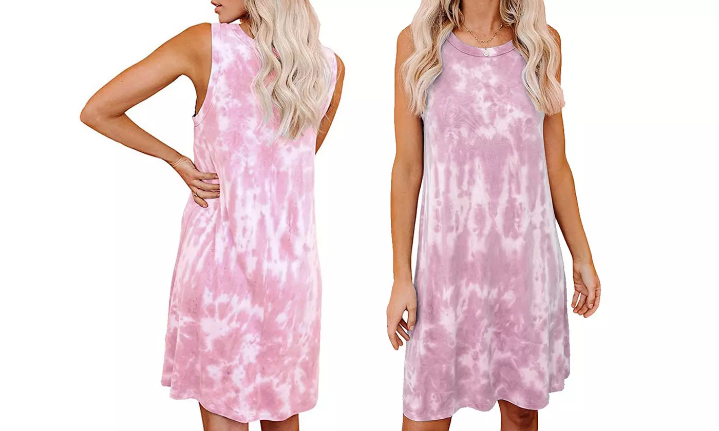 Women's Sleeveless Casual Loose Swing T-Shirt Dress Tie Dye Tunic Summer Dress