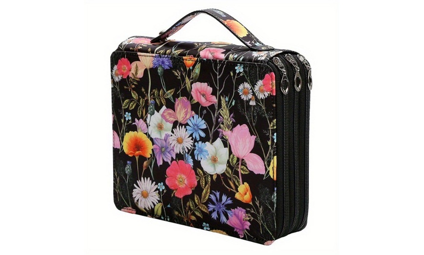 Image 10: Floral Oxford Fabric 3-Layer Art Brush Storage Case