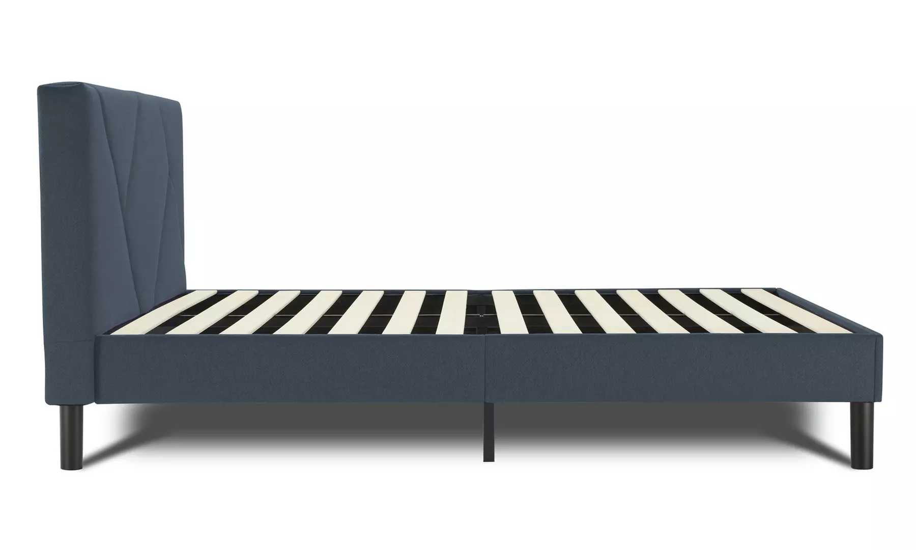 Letto imbottito in tessuto con doghe in legno e vano contenitore