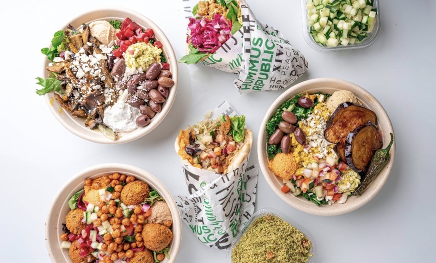 Image 1: $20 or $40 to Spend, $13.50 for a Small Bowl, Pita Chips, Fries & More