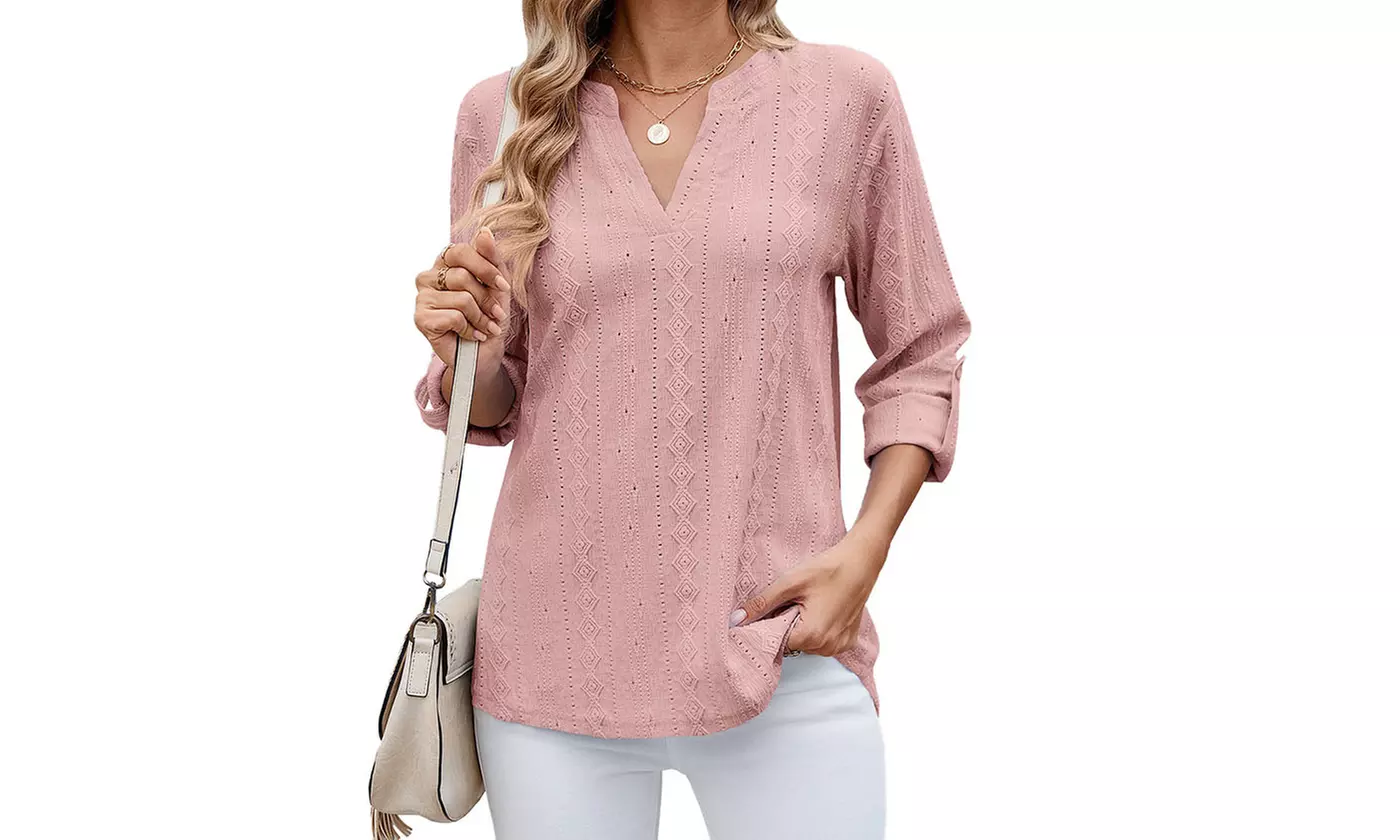 Women Dressy V Neck Ruffle 3/4 Sleeve Trendy Eyelet Blouses Loose Fit Tunic