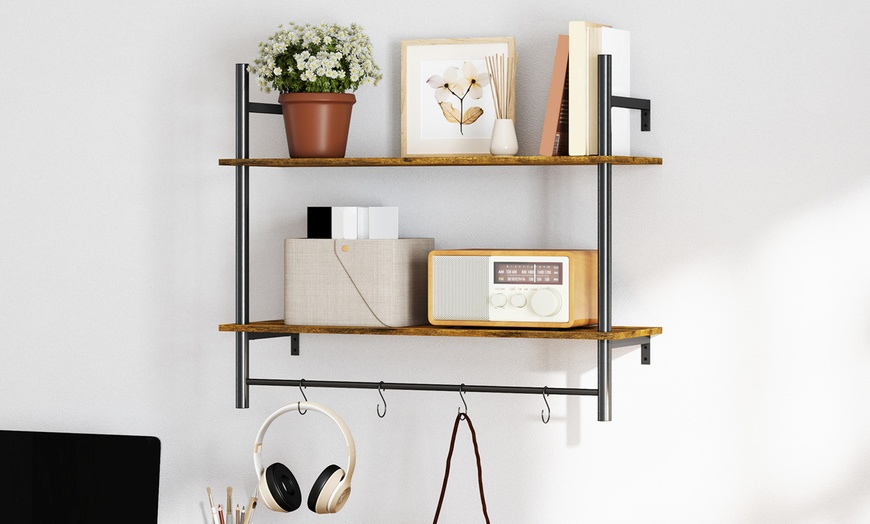 Image 6: HomCom Wall Shelf Unit with Four Hooks for Living Room, Entryway