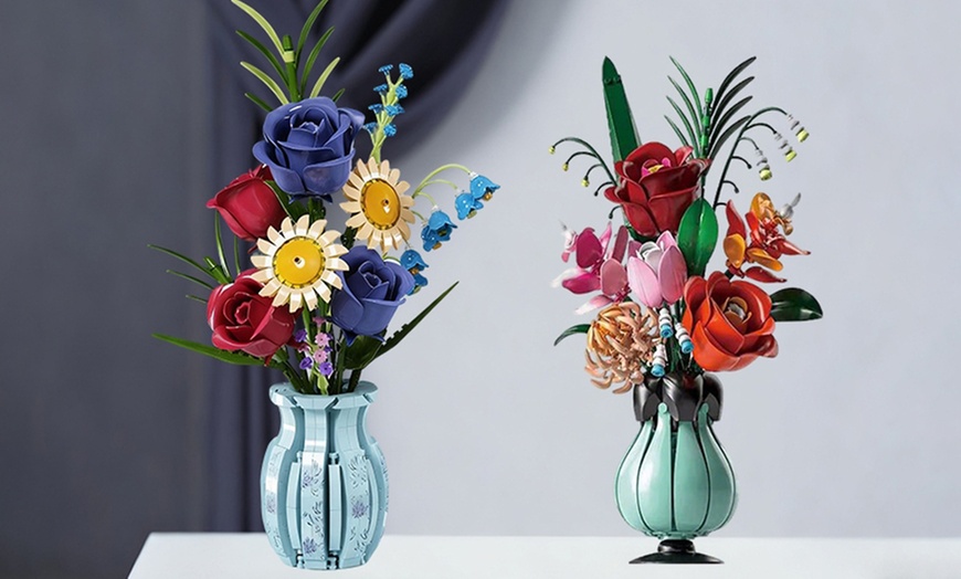 Image 1: LEGO Inspired Flowers Bouquet Building Blocks Set with Porcelain Style Vase, Roses, Sunflower, Lily of The Valley