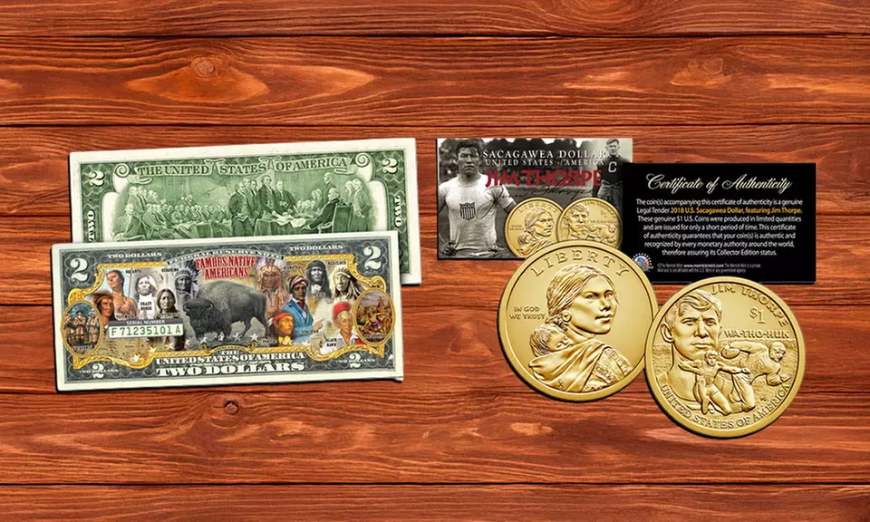 Famous Native Americans Two-Dollar Bill w/ Jim Thorpe Sacagawea 2018 Dollar Coin - Primary Image