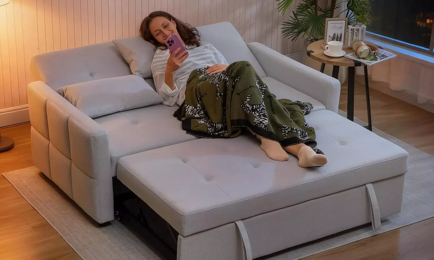 HomCom 2-in-1 Sofa Bed Convertible Lounger with Linen-Look Upholstery