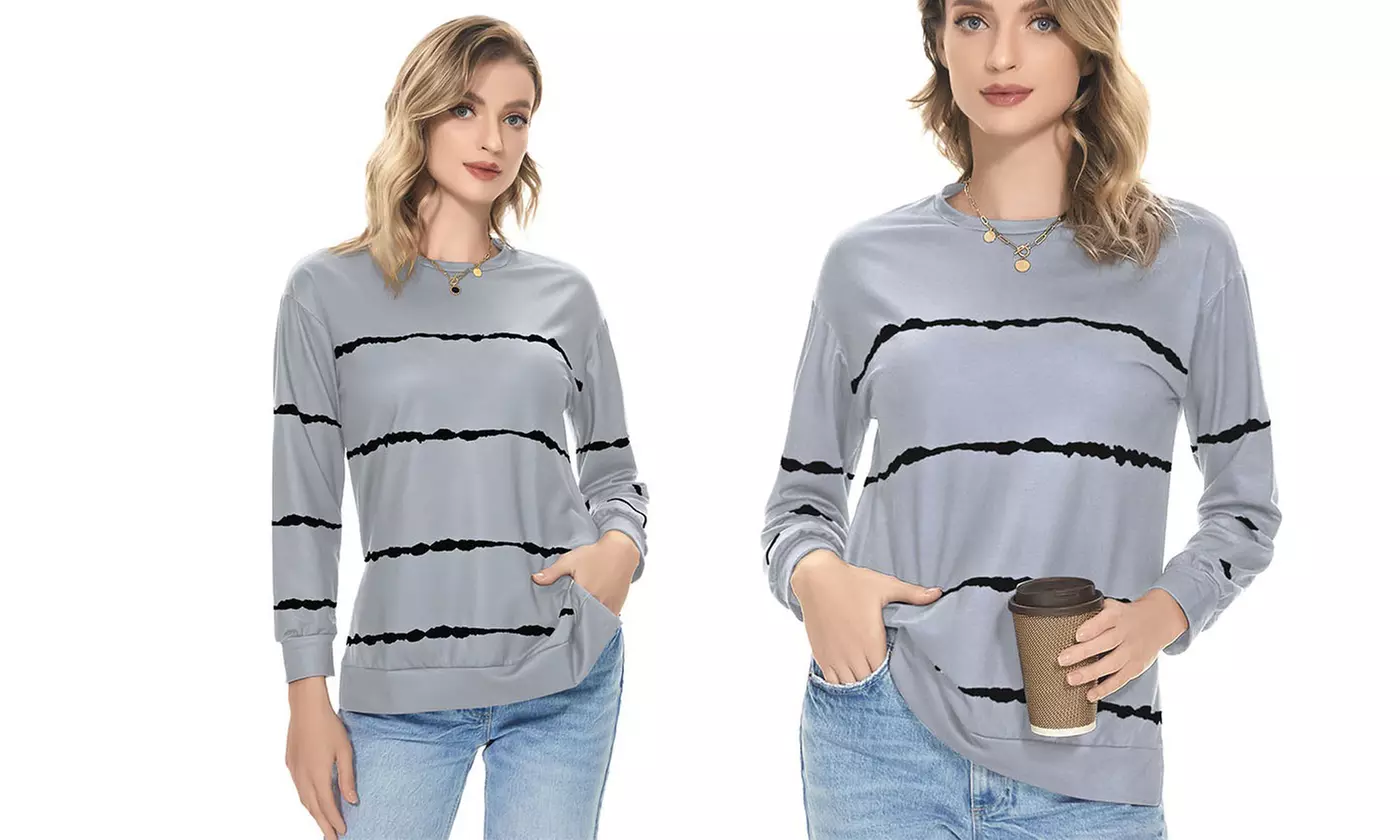 Women Long Sleeve Crewneck Casual Side Split Pullover Tops