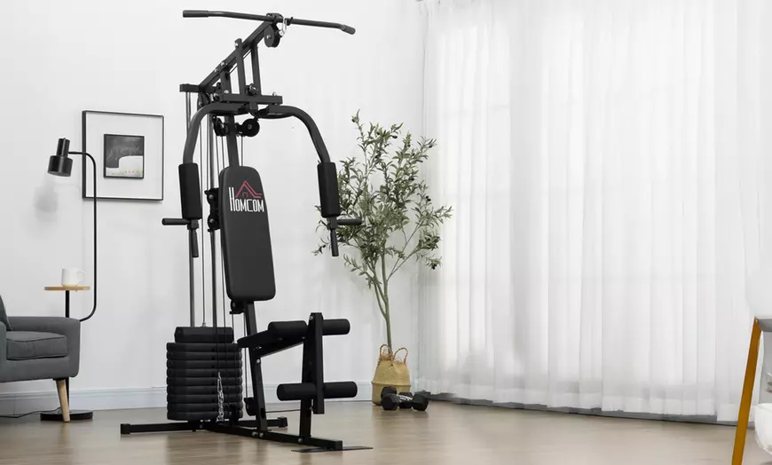 Image 1: HomCom Multifunction Home Gym Machine with 45kg Weight Stack