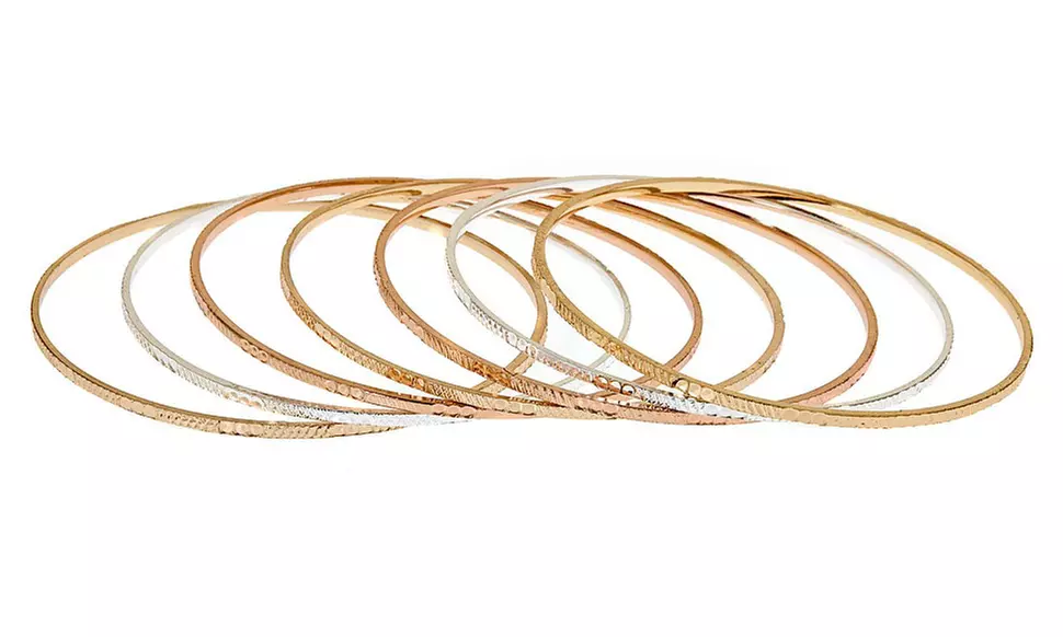 Set of 7 18K Yellow , White and Rose Gold Stackable Bangle Set