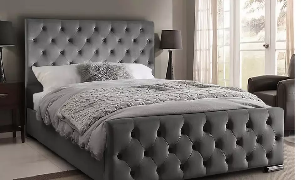 Oasis Diamante or Button Plush Bed Frame with Sprung Memory Foam Mattress