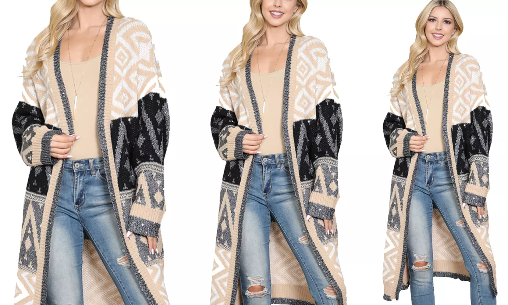 Riah Fashion Aztec Printed Knitted Terry Cardigan  - Second Medium
