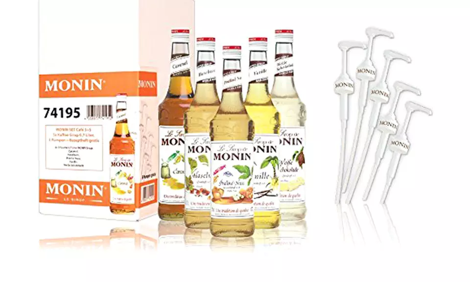 5x Monin Kaffee-Sirup à 0,7 l inkl. 5 Pumpen und Rezeptheft - Second Medium